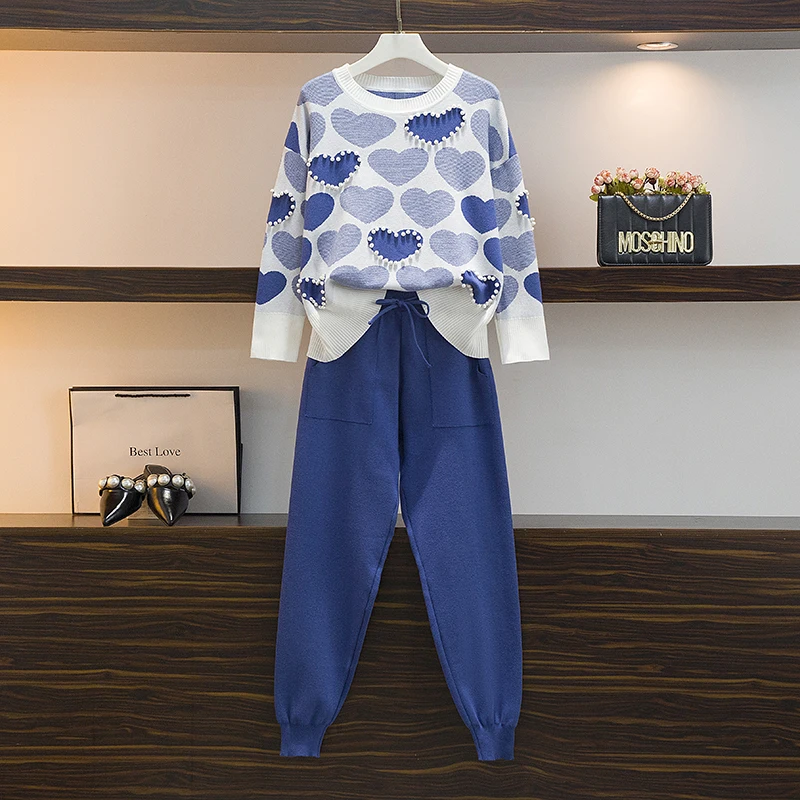 ALPHALMODA 2020. gadam Moderns Mīlestību Sirdī Fāzēm Salds garām piedurknēm Džemperis + Bikses Sievietēm 2gab Modes Tērps, Rozā, Zila Hit Krāsu Komplekts Attēls 2