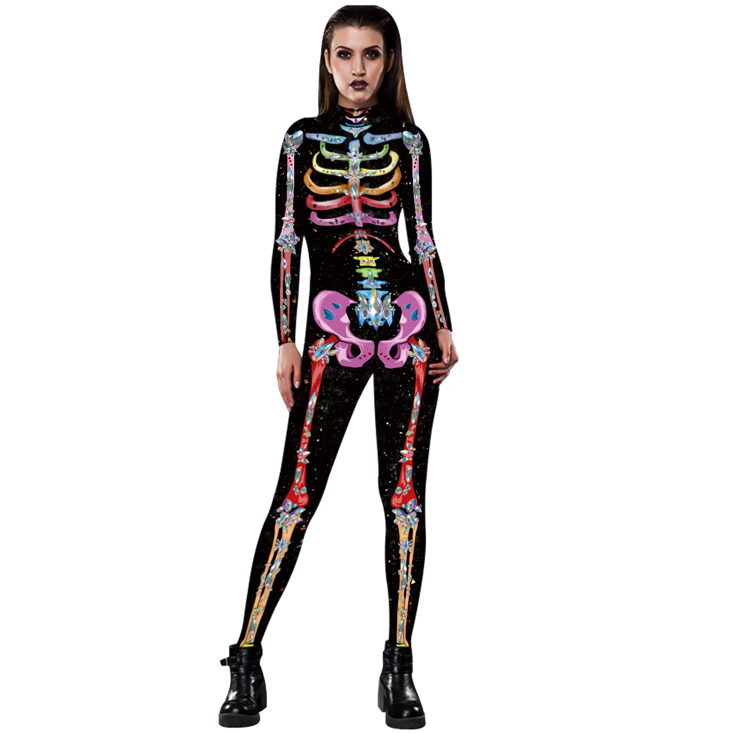 Halloween Skelets 3d Drukas Izdilis Jumpsuit Pilna Garuma Halloween Combinaison Femme Kostīmi Pieaugušo Puses Bodysuit garām Piedurknēm Attēls 1