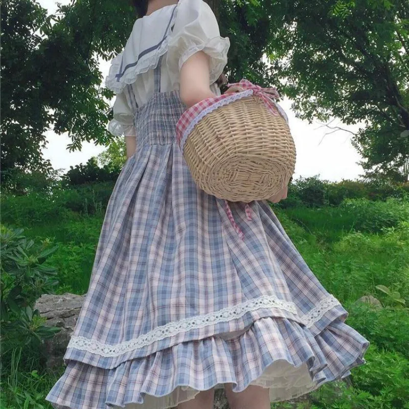 Lolita Kleita Sievietēm Japāņu Salds Kawaii Cute Kleitu Vasaras Meitene Spageti Siksnas Zilā Ruffles Pleds Sieviešu Lady Kleita Attēls 0