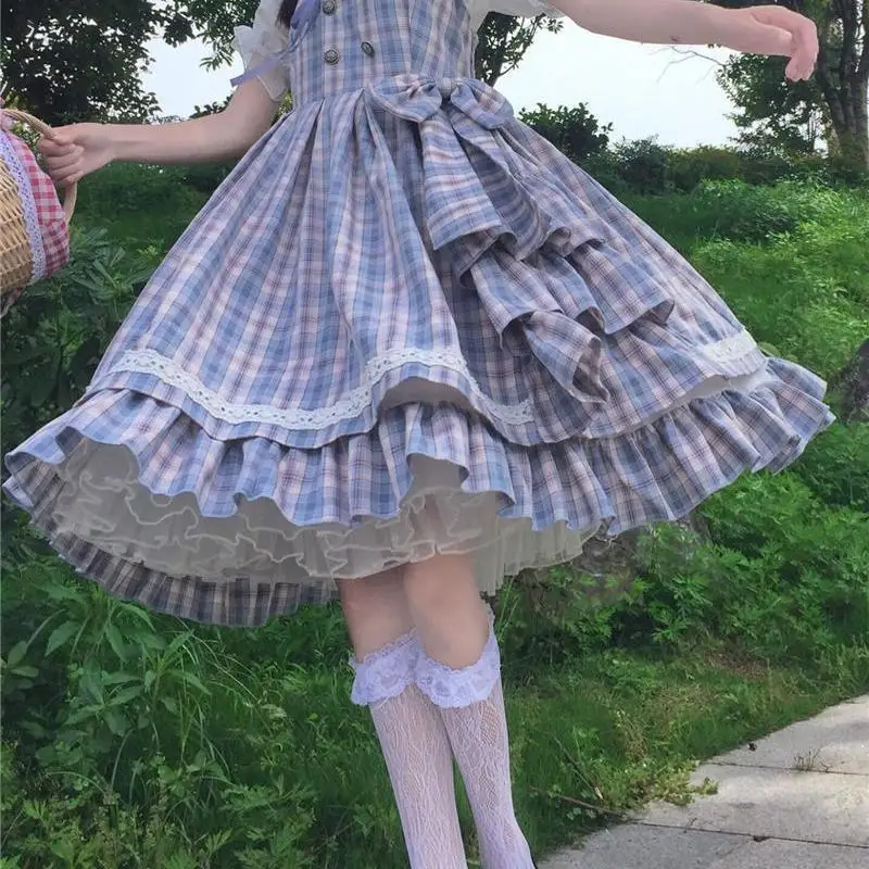 Lolita Kleita Sievietēm Japāņu Salds Kawaii Cute Kleitu Vasaras Meitene Spageti Siksnas Zilā Ruffles Pleds Sieviešu Lady Kleita Attēls 2