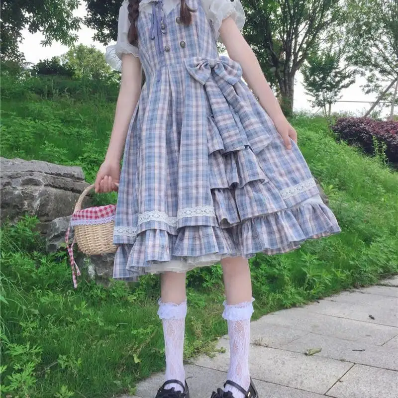 Lolita Kleita Sievietēm Japāņu Salds Kawaii Cute Kleitu Vasaras Meitene Spageti Siksnas Zilā Ruffles Pleds Sieviešu Lady Kleita Attēls 4