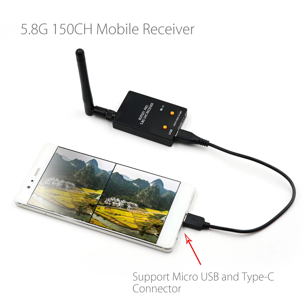 ROTG01 Pro UVC OTG 5.8 G 150CH Pilns Kanāls FPV Uztvērējs W/Audio Android Viedtālruni Micro USB un Tipa C savienotājs Attēls 0