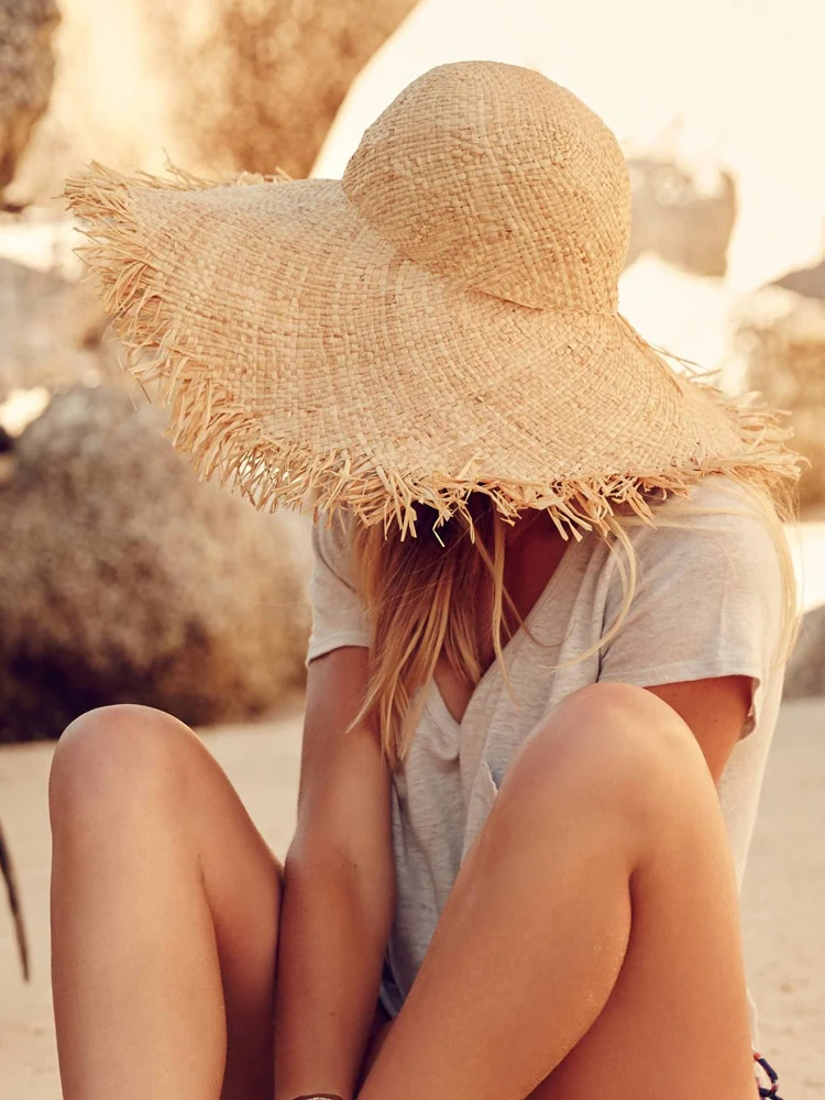 Sieviešu Mīkstās Salmu Floppy Cepures Vasaras Platām Malām Sunhat Beach Sombrero Cepures Ceļojuma Sunbonnet Āra Izmēra ASV 7 1/8 AK M Attēls 5