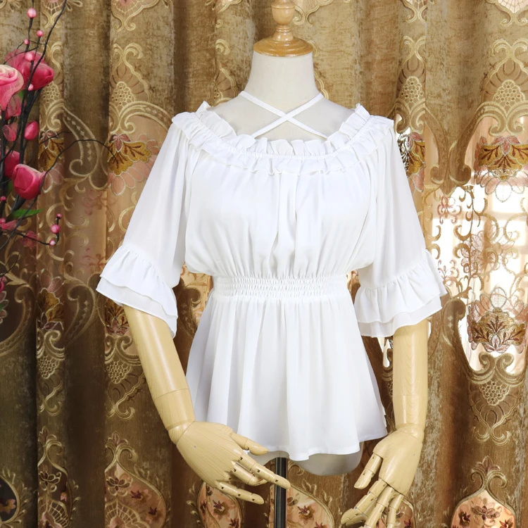 Vasaras lolita šifona augsta vidukļa īsām piedurknēm ar karājas kakla salds krekla piedurknes viktorijas krekls zaudēt gothic lolita krekls Attēls 1
