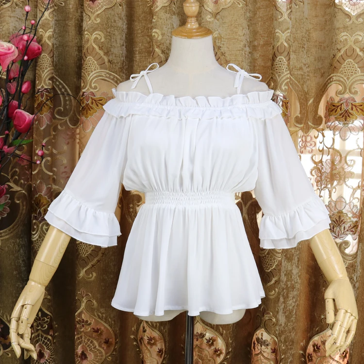 Vasaras lolita šifona augsta vidukļa īsām piedurknēm ar karājas kakla salds krekla piedurknes viktorijas krekls zaudēt gothic lolita krekls Attēls 2