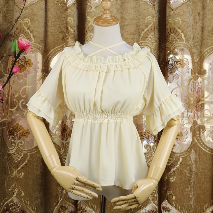 Vasaras lolita šifona augsta vidukļa īsām piedurknēm ar karājas kakla salds krekla piedurknes viktorijas krekls zaudēt gothic lolita krekls Attēls 3