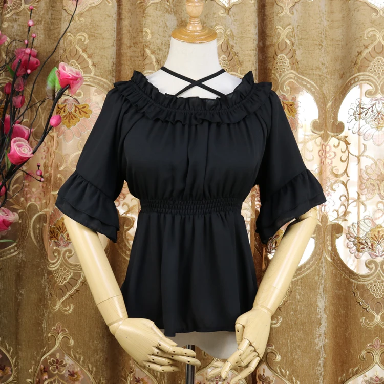 Vasaras lolita šifona augsta vidukļa īsām piedurknēm ar karājas kakla salds krekla piedurknes viktorijas krekls zaudēt gothic lolita krekls Attēls 4