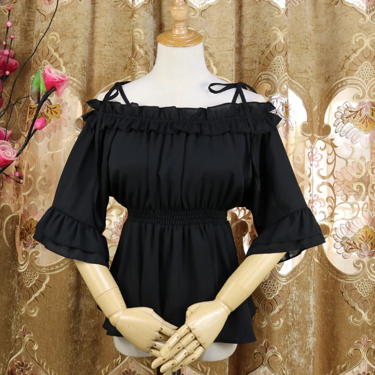 Vasaras lolita šifona augsta vidukļa īsām piedurknēm ar karājas kakla salds krekla piedurknes viktorijas krekls zaudēt gothic lolita krekls Attēls 5