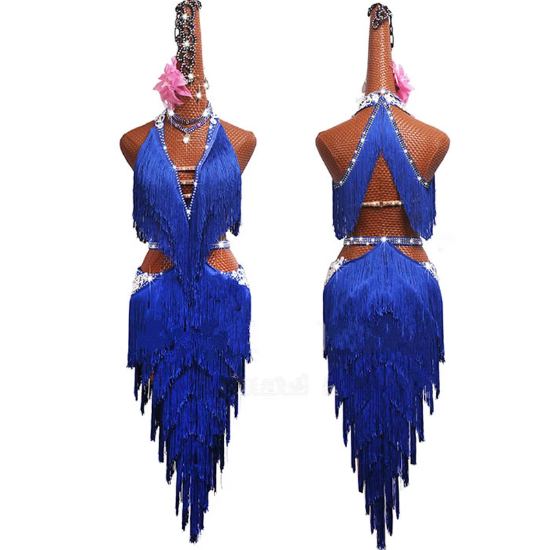 Vasaras Luksusa latīņamerikas Deju Kleitas Darbības Kostīmi Sexy V-neck Zilā Pušķis Kleita Sievietēm Meitenes Posmā Competiton Apģērbi Attēls 1