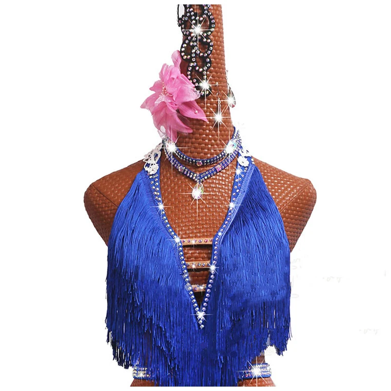 Vasaras Luksusa latīņamerikas Deju Kleitas Darbības Kostīmi Sexy V-neck Zilā Pušķis Kleita Sievietēm Meitenes Posmā Competiton Apģērbi Attēls 3