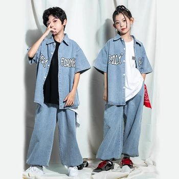 Bērni Pusaudžu Kpop Hip Hop Apģērbu, Džinsa Krekls Jaka Topi Streetwear Joggers Baggy Bikses Meitene, Zēns, Džeza Deju Tērpu Apģērbs