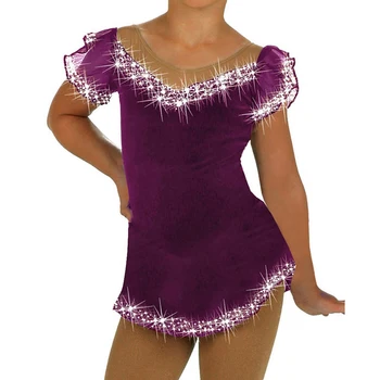 Bērniem Pieaugušo Violeta Mirdzoša Daiļslidošanas Kleitu Tērpiem Spandex Īsām Piedurknēm Rhinestone Meitenes Baleta Dancewear Vingrošana Leotard