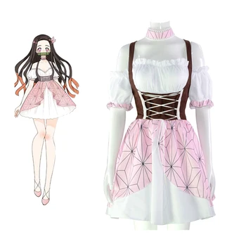 Demon Slayer Kamado Nezuko Cosplay Kostīmu Sweet Lolita Meiteni Pie Pleca Kleita Cute Anime Meitene Vienādi Tērpi Halloween Tērps