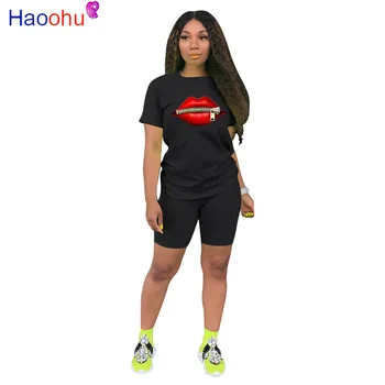 HAOOHU 2020. gada Vasaras Sieviešu Divi Gabali Uzstādīt Treniņtērpi Īsām Piedurknēm O-veida Kakla Topi+Bikses, Kostīmi, Seksīga Nakts Puse Sportisks Fitnesa Tērpiem