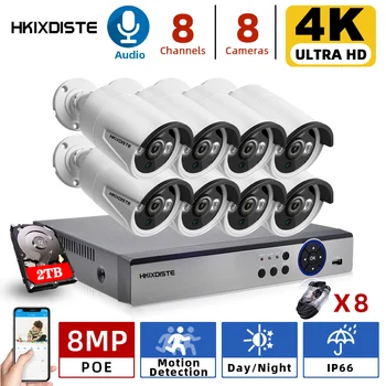 HKIXDISTE 8CH 4K POE VRR Komplekts 5MP Drošības Sistēmas Komplekts Āra 8MP Ūdensizturīgu IP66 IP Kameras CCTV Audio, Video Novērošanas Komplekts