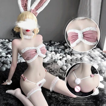 Ir 2021. Sievietēm Lady Cosplay Kostīmu Ziemassvētku Bunny Girl Meitene Viesmīle Kalps Rozā Plīša Vienotu Sexy Bra G-String Lingeries