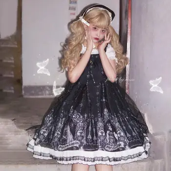 Japāņu Gothic Lolita retro tumši Maiga Meitene jsk bez piedurknēm siksniņa kleita Cos sieviešu vasaras salda tēja puse Loli kleitu Vestidos