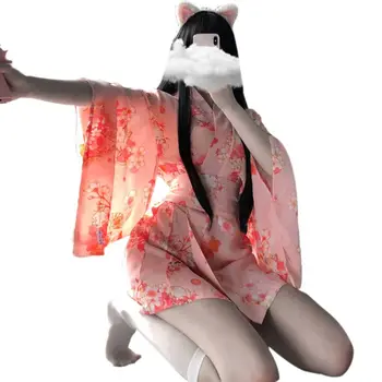 Japāņu Sievietes Sexy Īsā Kimono Yukata Sakura Kaķis Drukāt Lolita Anime Peldmētelis Cosplay Apakšveļa Bowknot Josta Naktskrekls