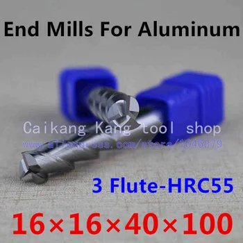 Jauns 3 Flauta Vadītājs: 16mm Alumīnija kuteris Beigām dzirnavas Frēzēšana no alumīnija Griešanas Cietība: 55HRC CNC Rīku 3F16*16*40*100mm