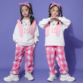 Meitenes, Džeza Deju Apģērba Kpop Hip Hop Kostīmi Bērniem Ielu Deju Balts Tops Rozā Pleds Bikses Catwalk Show Skatuves Tērpiem DQL7819