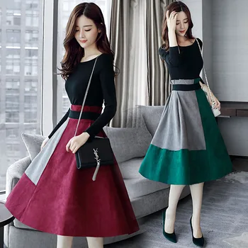 Pavasarī un Rudenī Jaunā Sieviešu 's Kleitu Modes korejas versija tendence garām piedurknēm divdaļīgs kostīms