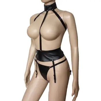 Seksīgs Mākslīgās Ādas Atvērt Krūtis Ķermeņa Iejūgs Cupless Top un Prievīte Jostas Siksna Bikini Komplekts Bodysuit Saimniece Fetišs Lomu spēļu Kostīmu