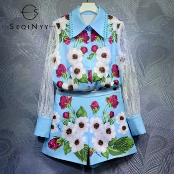 SEQINYY Zilo Kopu Pavasara Vasaras Jaunā Modes Dizaina Sievietes Skrejceļa Augstas Kvalitātes Mežģīņu Krekls + Šorti Ziedu Drukāt Ikdienas Tērps