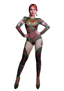 Sievietēm Jaunu Mirdzoša 3D Iespiesti Rožu Sexy Jumpsuits Vakara Puse Dzimšanas dienu Svinēt Kostīms Sieviešu kārtas Dziedātāja Skatuves Šovs Jumpsuits