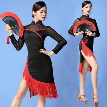 Sieviešu Latīņu Dejas, Vintage Kleita Ar Garām Piedurknēm Prakses Deju Kostīmu Laukumā Sexy Pušķis Uzvalks Rumba Vestido Tango