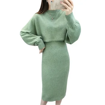 Sieviešu modes tērps jaunu korejiešu Slim paketi gurnu siksna kleitu, īsu punktā, bat piedurknēm loose knit blūze gabals, divas gabals kleita