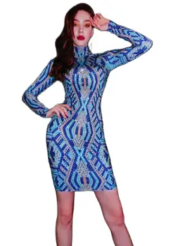 Zila Modelis Ar Garām Piedurknēm Kleita Stilīgs Augstu Uzrullētu Apkakli Kristāla Rhinestone Apvalks Kleita Sievietēm Naktskluba Dziedātāja Uzņēmējas Puses Seksīgs Apģērbs