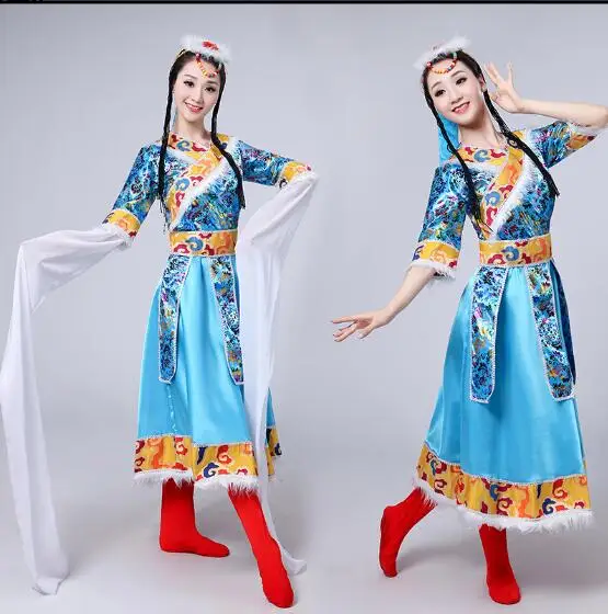 Ķīnas Ūdens Piedurknēm Tautas Deju Tērpus Skatuves Sniegumu Tibetas Kleita Sievietēm Klasiskā Attēls 0